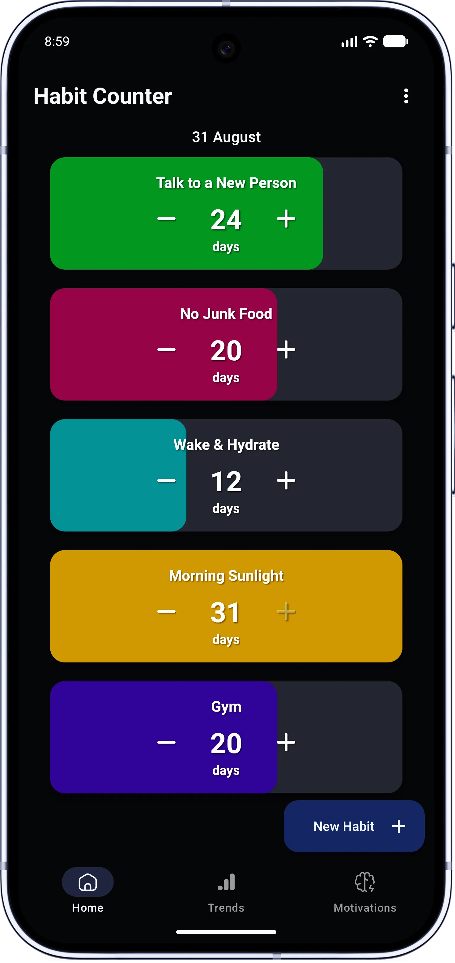 Habit Counter app in dark mode